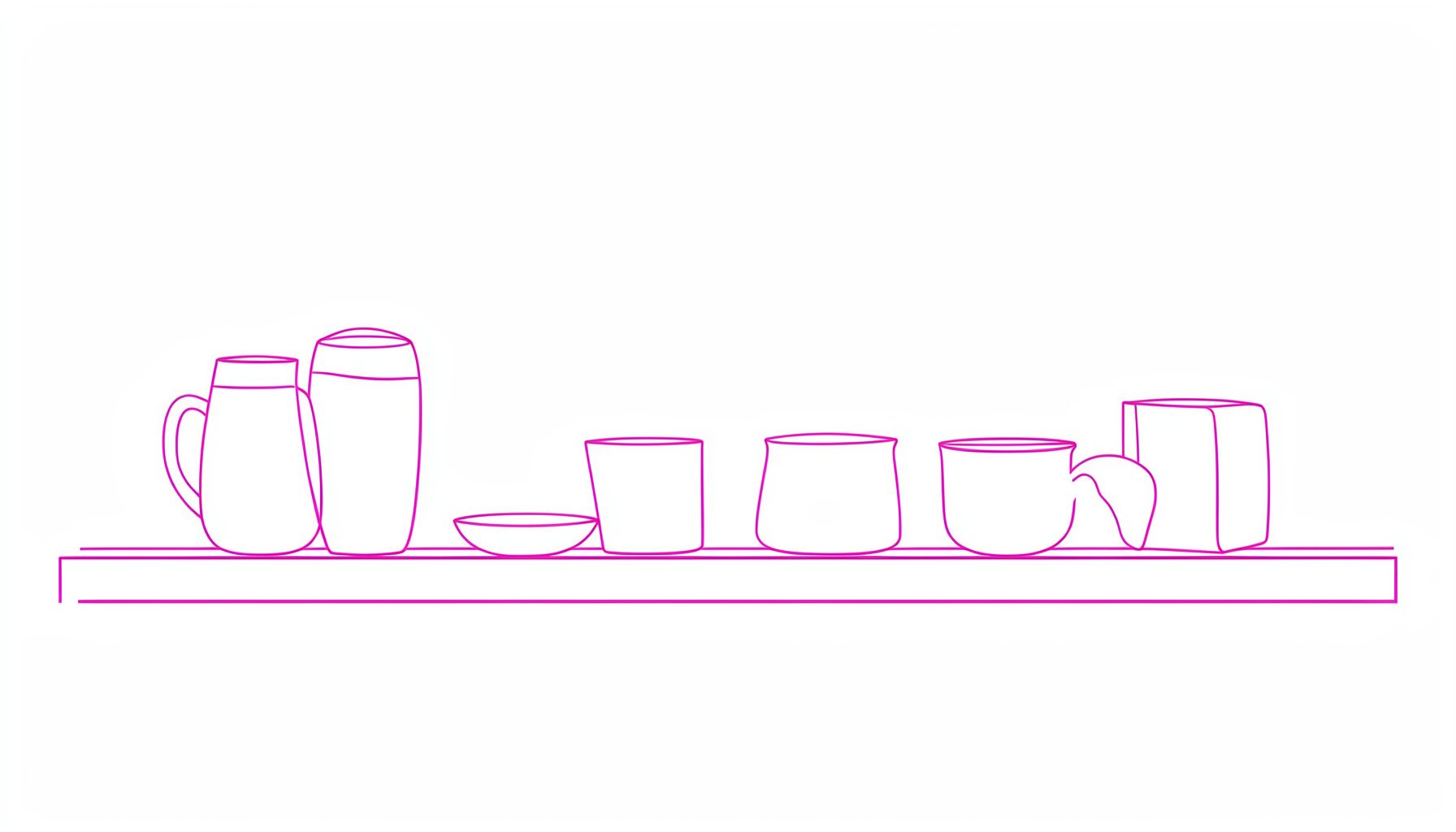 A minimal line drawing of everyday objects arranged on a shelf, clean lines and muted tones
