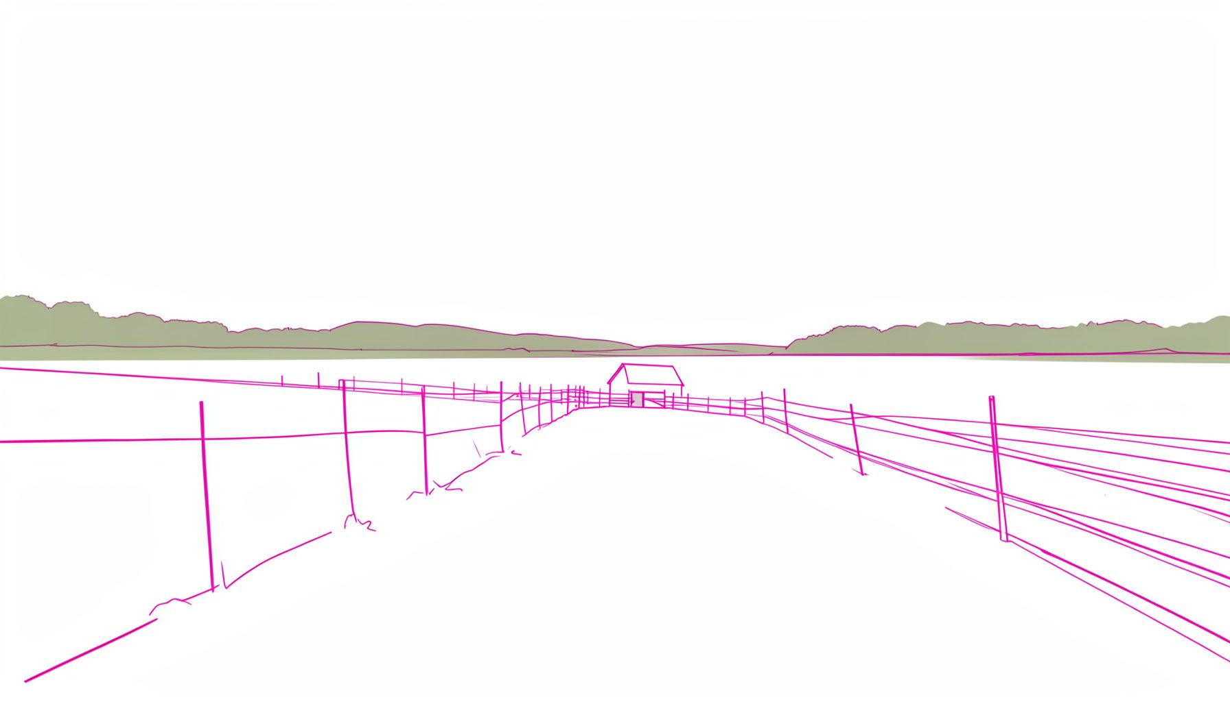 A minimal line drawing of a rural fence line stretching toward a distant barn under a wide sky, muted greens and browns