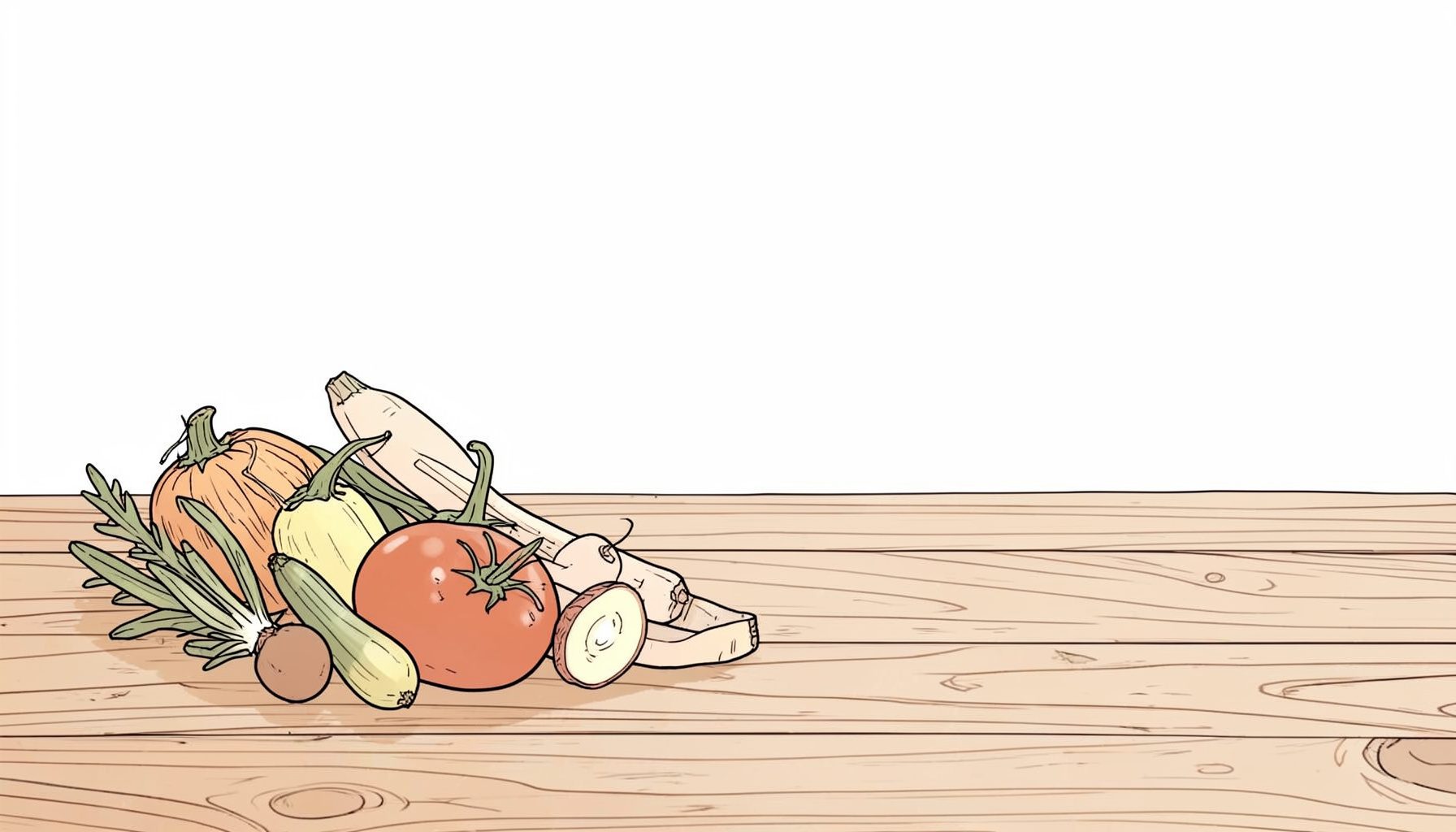 Fresh ingredients arranged on a wooden table, warm earthy colors